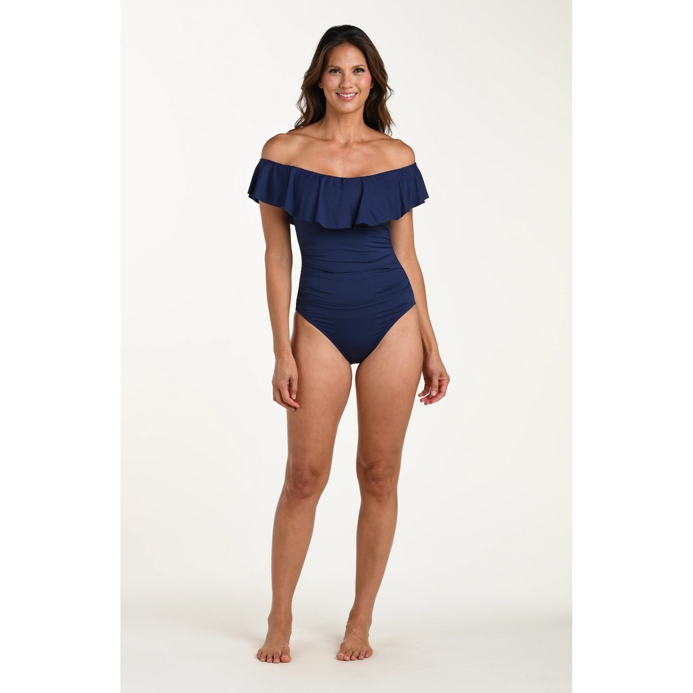 La Blanca Swimsuit Women Medium Navy Blue Off Shoulder Ruffle Lace Up Back Chic